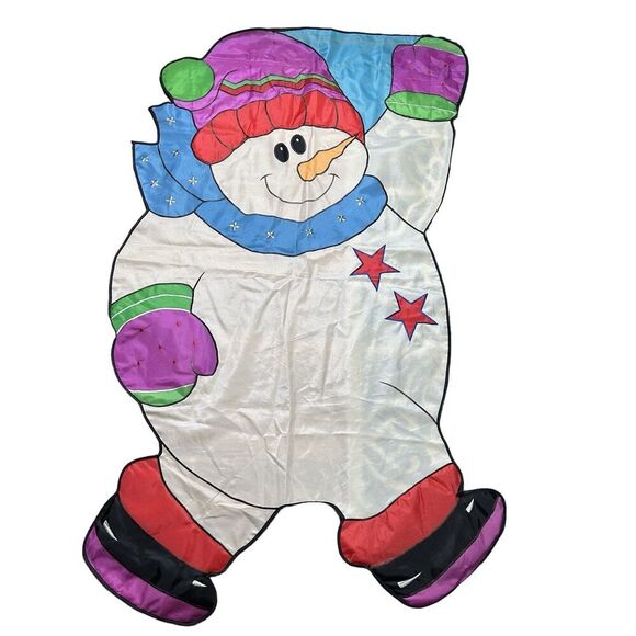 Vintage Large Hanging Snowman 29” x 54” Embroidered Winter Nylon Flag Banner - Picture 1 of 2
